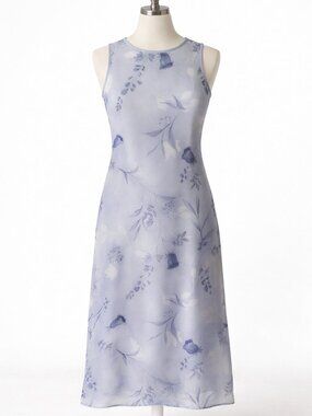 Vintage 90s Blue Floral High Neck Midi Dress Romantic | XS